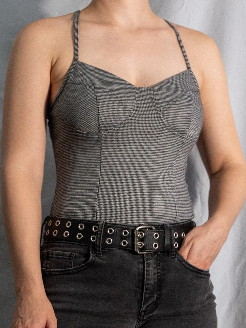 SO Gray Houndstooth Bustier Bosysuit with Thin Straps